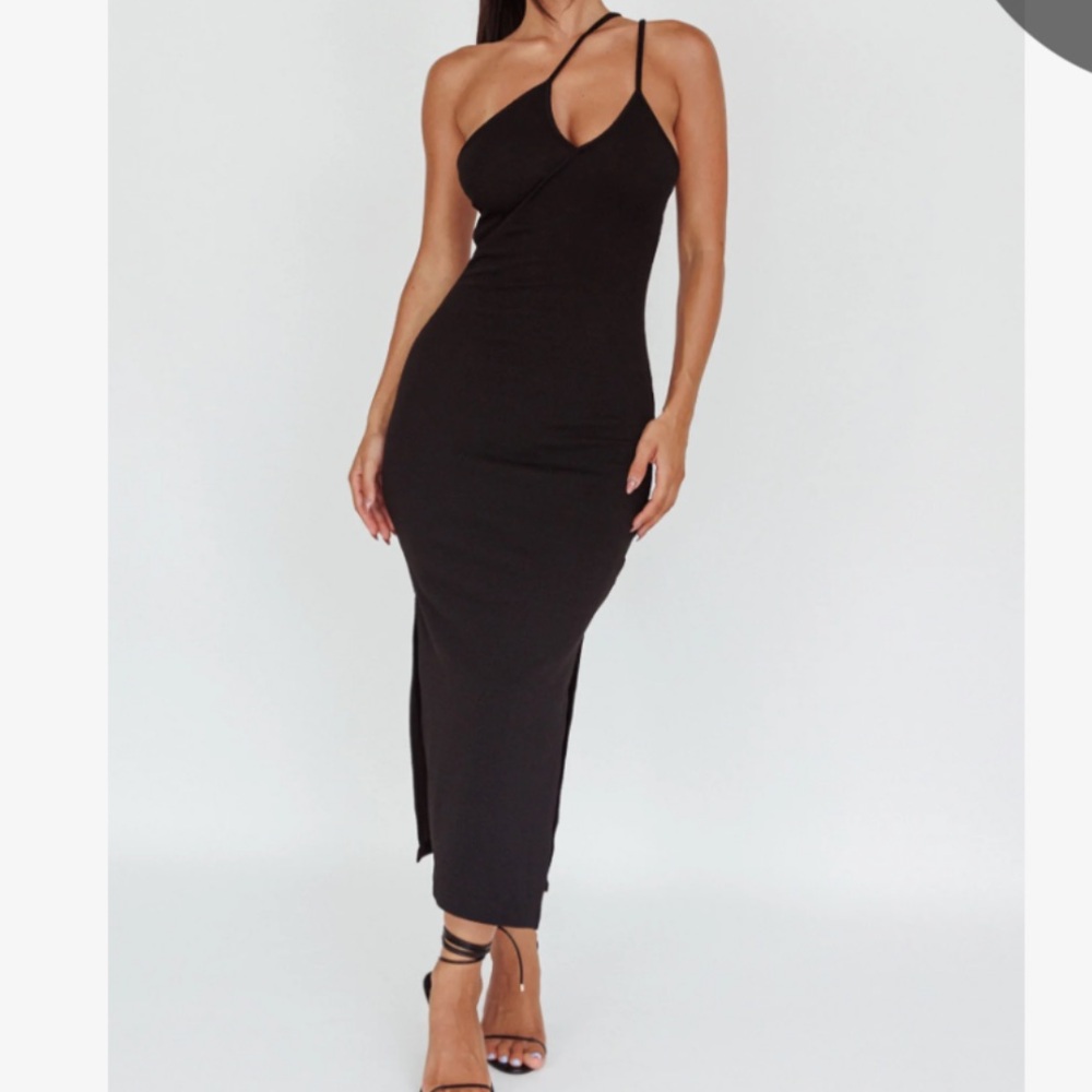 Selfie Leslie One Shoulder Double Strap Midi Dress Black